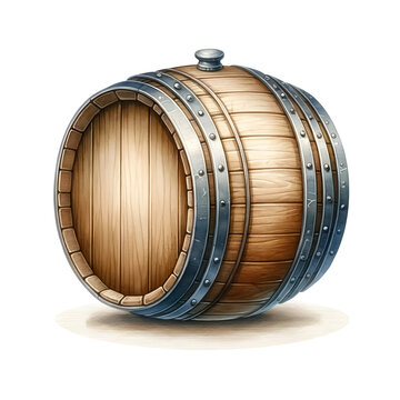 recommend clip art: An illustration for Beer day, Beer mugs clipart, rendered in watercolor style, Beer barrel clipart with metal bands and wood grain. 