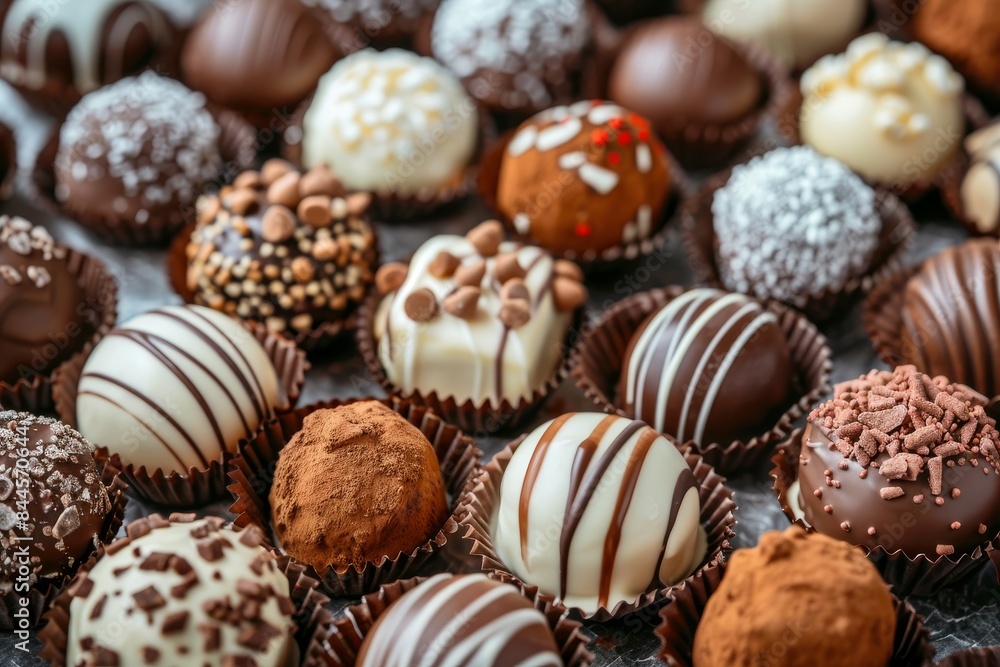 Poster assorted chocolate truffles with nut and caramel toppings, perfect for a rich and delightful dessert