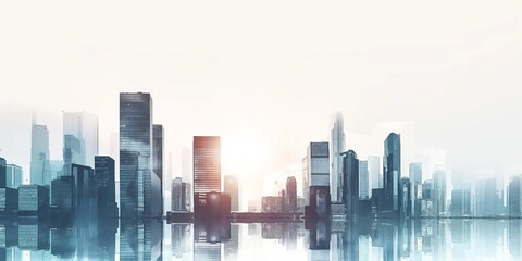 A tranquil cityscape at sunrise with skyscrapers and modern buildings reflected in calm waters, demonstrating the contrast between urban development and nature's serenity.