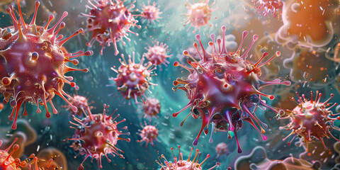 Virus particle release a microscopic image showing fluids and cells.