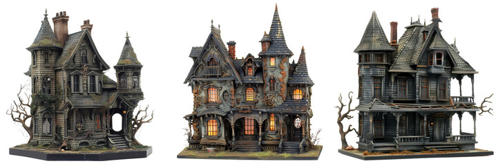 set of miniature haunted house with eerie details isolated on transparent background