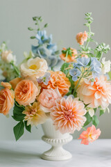 Obraz premium Beautiful bouquet of pink, white and orange roses, peonies, ranunculus and various flowers in a white ceramic vintage vase