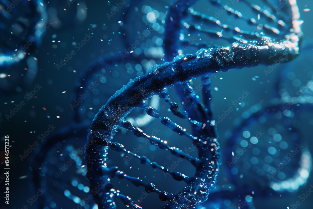 Poster stunning representation of a dna molecule in vibrant blue hues with sparkling particles emphasizing 