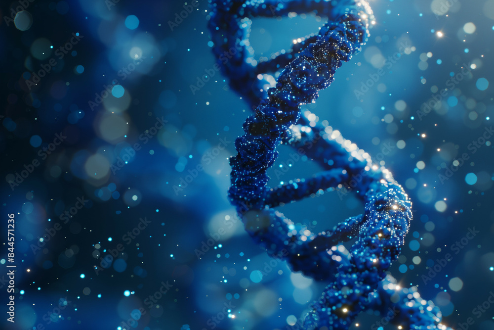 Poster stunning visualization of a double helix dna structure illuminated by blue lights, showcasing glitte
