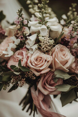 Beautiful wedding bouquet of light pink, white and cream flowers with silk ribbons