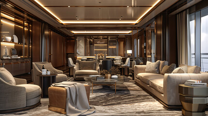 Sumptuous lounge on a cruise ship, designed for relaxation and socializing, plush interiors