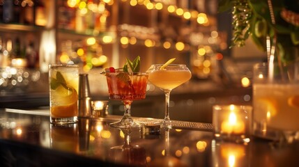 A chic bar scene with a variety of signature cocktails, beautifully garnished and presented on a sleek counter, evoking a stylish night out