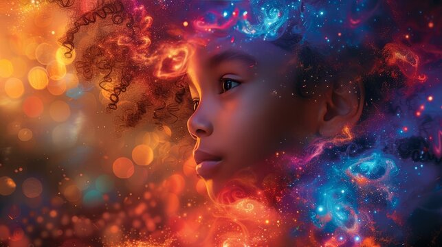 A young black skin girl with curly hair in a colorful, abstract space. The image is a representation of the girl's inner thoughts and emotions, emotional intelligence