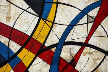 Fototapeta premium A minimalist abstract painting featuring bold, intersecting lines and shapes in primary colors on a neutral background, creating a striking visual impact,