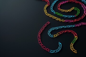 Fototapeta premium A minimalist display of brightly colored paper clips arranged in a spiral pattern on a matte black background, creating a striking visual,