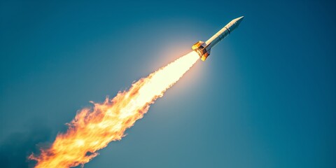 A lone rocket propelling through the clear blue sky, representing technological prowess, human ambition, and the serene beauty of scientific endeavors against an uncluttered sky.