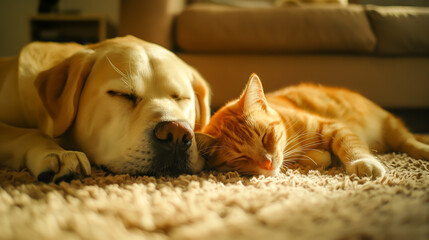 A labrador dog and a cat sleep together on the carpet in the living room. Harmony pet lifestyle concept