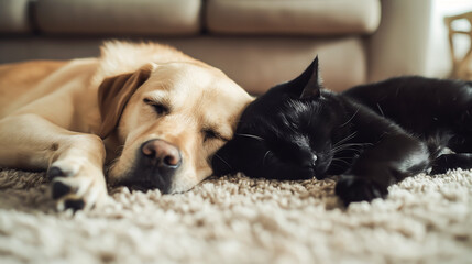 A labrador dog and a cat sleep together on the carpet in the living room. Harmony pet lifestyle concept