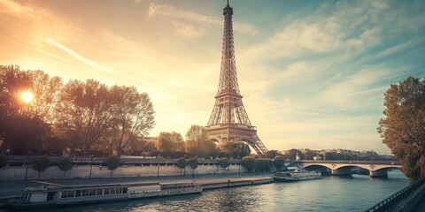 A breathtaking sunset view of the Eiffel Tower with the tranquil River Seine in the foreground, capturing the iconic Parisian landmark bathed in golden light.