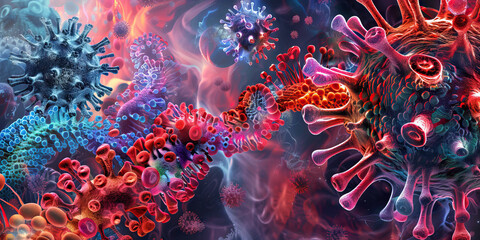 Viral parthenogenesis showing how novel virus attacks and control the body. microscopy. Microscopic view. close up. 3D.