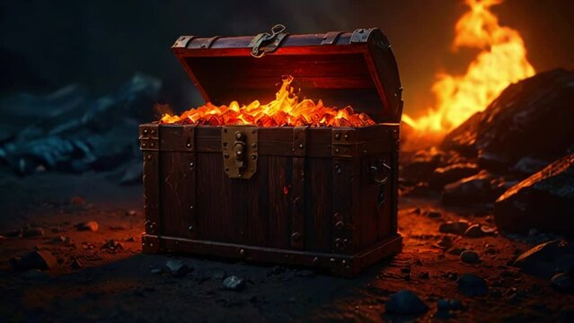 A wooden treasure chest is open, and it is filled with glowing red gold coins and jewels. The chest is sitting on a dark rocky surface, and there are flames on either side of the chest.