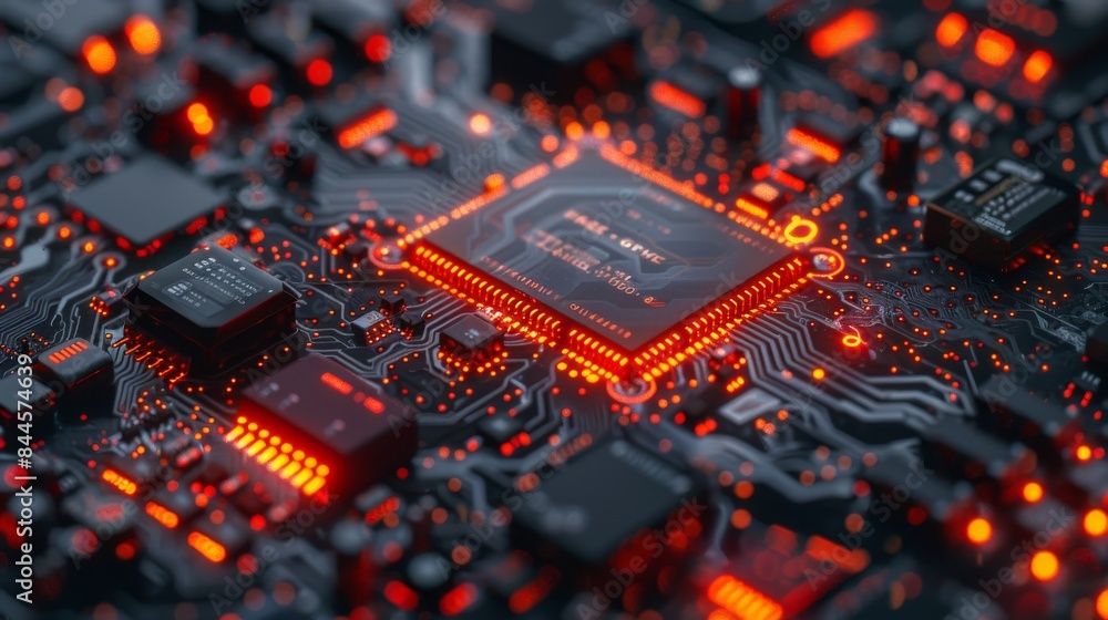 Poster a close-up view of an illuminated central processing unit (cpu) on a computer motherboard with red l