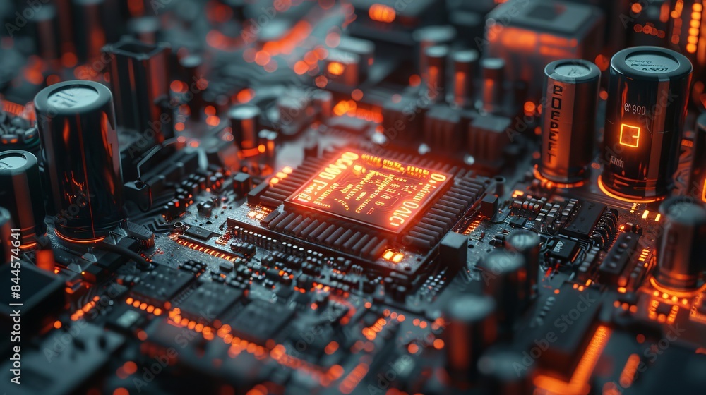 Poster this image features a close-up view of a circuit board with a central glowing chip, capacitors, and 