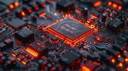 Fototapeta premium A close-up view of an illuminated central processing unit (CPU) on a computer motherboard with red lighting