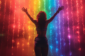 A woman stands in front of a rainbow water fountain