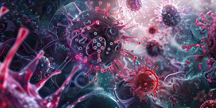 Viral parthenogenesis showing how novel virus attacks and control the body. microscopy. Microscopic view. close up. 3D.