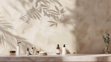 Obraz premium A minimalist marble stone counter displays an array of cosmetic beauty products