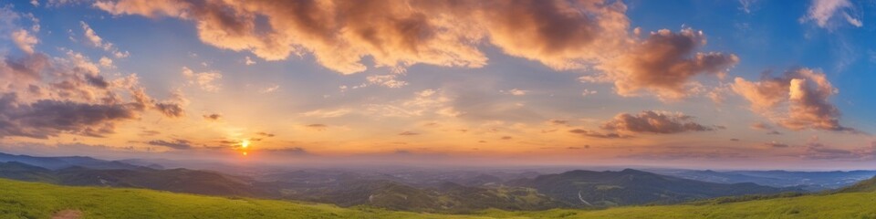 Obraz premium Sunset over the green hills and valleys