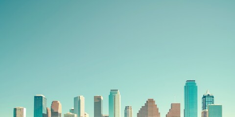 Fototapeta premium This picture shows a serene city skyline with numerous modern high-rise buildings reaching towards a clear blue sky, creating a sense of calm and progress.