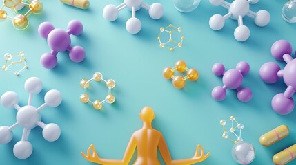Colorful abstract molecular structures with a meditative figure, symbolizing science and tranquility on a blue background.