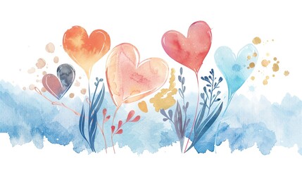 Colorful watercolor heart illustration with floral elements, soft pastel tones, perfect for romantic design themes and artistic projects.
