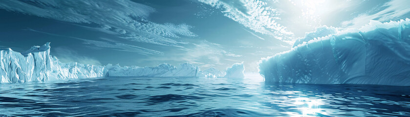 Ice caps melting into ocean scenes with renewable energy sources on the horizon