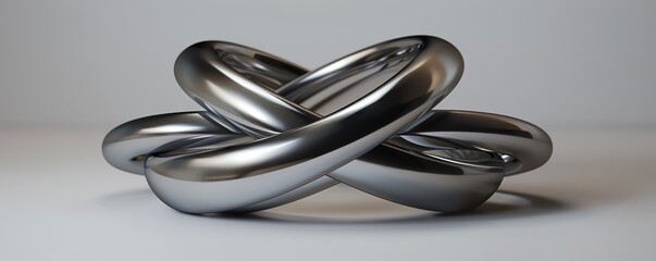 Fototapeta premium Elegant intertwined metallic rings sculpture on a neutral background. Modern art and minimalist design concept.