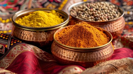 Fototapeta premium A close-up of traditional Indian spices in copper bowls, displayed on a vibrant fabric background. The bowls contain turmeric, cumin, coriander, and garam masala. Generative AI