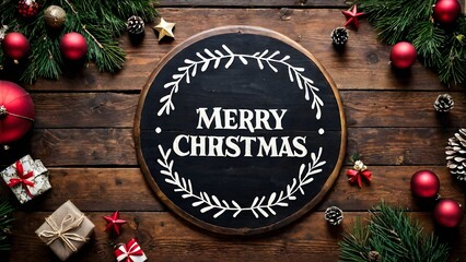 Festive "Merry Christmas" rustic round decor on wooden background. Generative AI