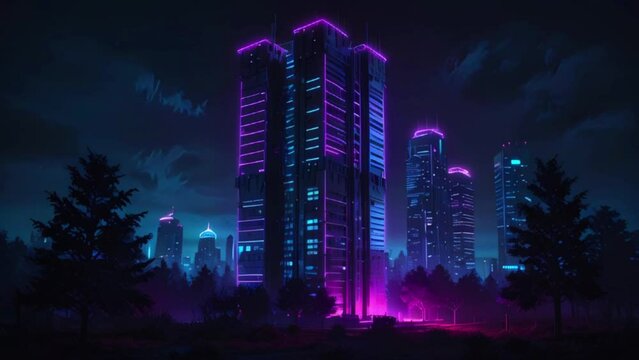 The video is a night scene of a futuristic city with tall buildings illuminated by pink and blue neon lights.