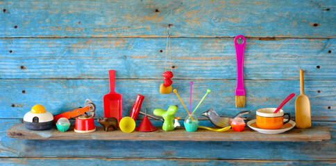 Kitchen and cooking still life with kitchen utensils and small vintage kitchen aids