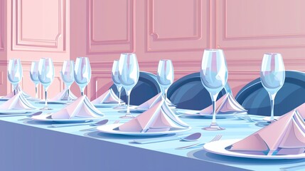 Elegant dining table set with crystal glasses and folded napkins in a sophisticated setting, perfect for formal events and celebrations.