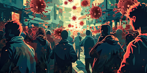 Community Spread: An image showing how a new disease can spread within a community, highlighting factors such as close contact, crowded places, and lack of preventive measures that contribute to its t