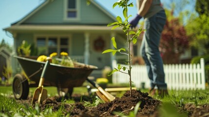 Planting tree in suburban yard, picket fence, peaceful gardening. Backyard tree planting, garden tools, peaceful home gardening.