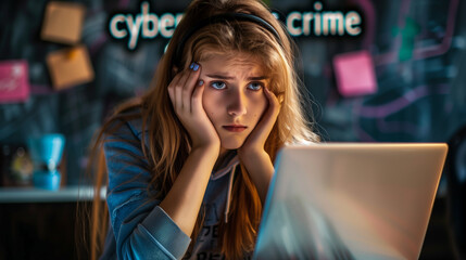 A saddened young woman stares at the monitor, with the words cyber crime in the background.Concept of cybersecurity, digital crime, safety.