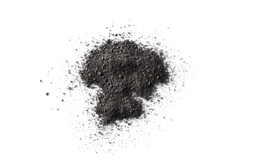 Activated charcoal powder isolated on white background. Pile of black cosmetic clay for design.