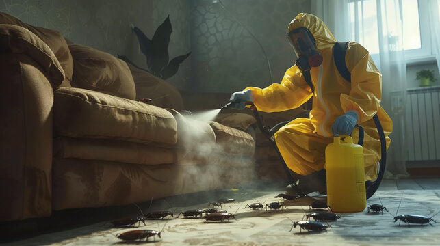 Pest control exterminator killing cockroaches inside house. Man in white protective suit, mask and gas respirator spraying insecticide from yellow sprayer bottle over roaches crawling on floor at home