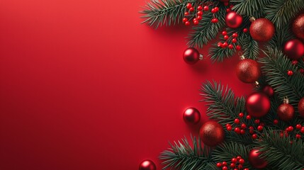 A red holiday background with an empty space for text, on the right a Christmas tree decor and red Christmas balls. There is a place for text on the left. 
  banner, postcard background .