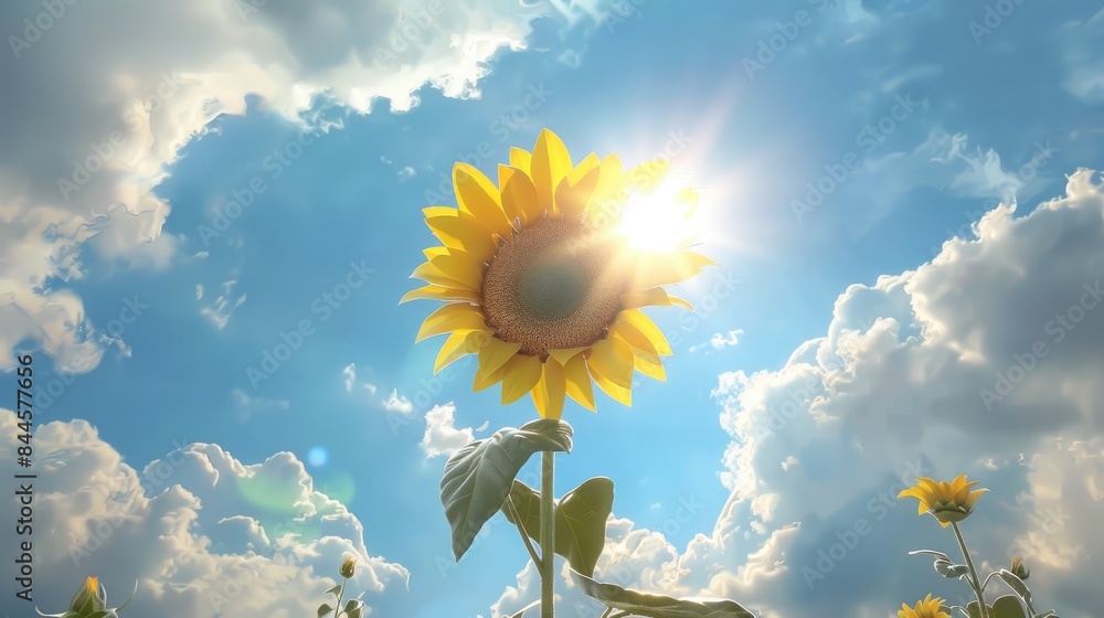 Wall mural Sunflower flower in center of 4x1 banner under a partly cloudy sky with sun image - Wall murals
