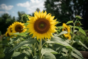Fototapeta premium Endless Summer sunflower field leaf. Scene bright. Generate Ai