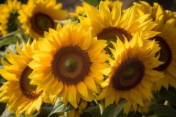 Fototapeta premium Sun-kissed Summer sunflower field closeup. Blossom culture. Generate Ai