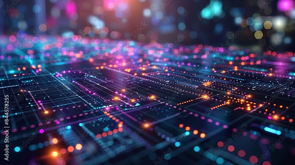 Wall mural a digital network with glowing lines and colorful lights on a blurred background
