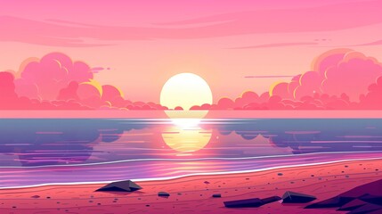 Sunset or sunrise on the beach landscape with beautiful pink sky and sun reflection over the water. Summer vacation background cartoon concept