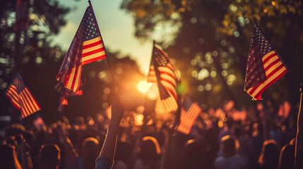 Celebrating Independence Day in US. Independence day. Liberty enlightening the world. American Celebration Usa Flag And Fireworks At Sunset. USA flag with fireworks background for 4 july independence 