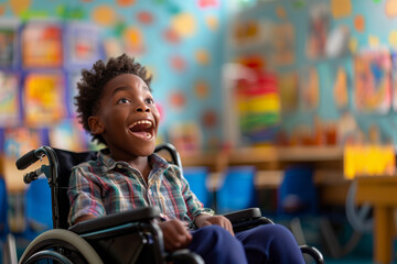 A joyful African American boy in a wheelchair enjoying a lively classroom environment, showcasing the positive impact of inclusive education on student happiness.
